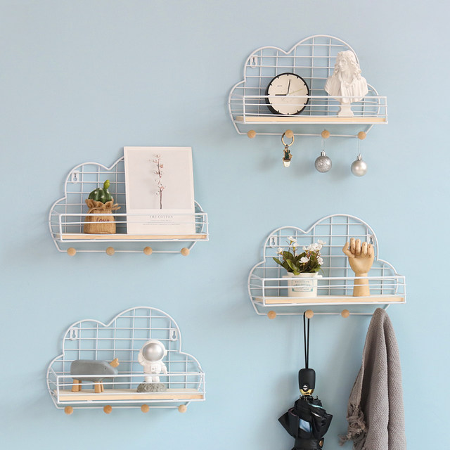 Creative iron wall storage rack without punching holes in living room bedroom wall dormitory bedside wall-mounted decorative storage rack