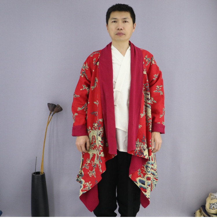 Mùa thu và mùa đông phong cách Trung Quốc áo choàng cotton và vải lanh nam quốc gia hai mặt có thể mặc áo gió dài màu đỏ và xanh dài áo choàng năm mới áo gió 1 lớp cho nam
