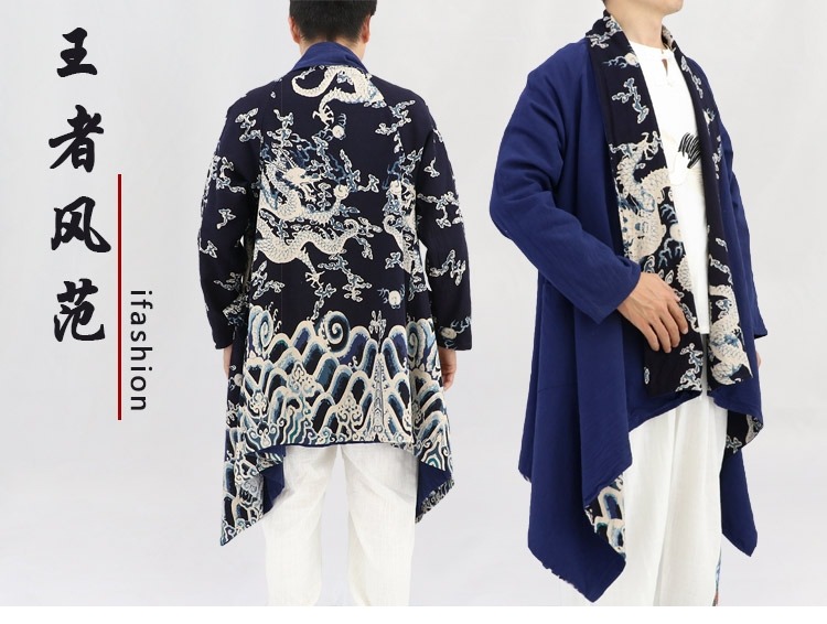 Mùa thu và mùa đông phong cách Trung Quốc áo choàng cotton và vải lanh nam quốc gia hai mặt có thể mặc áo gió dài màu đỏ và xanh dài áo choàng năm mới áo gió 1 lớp cho nam