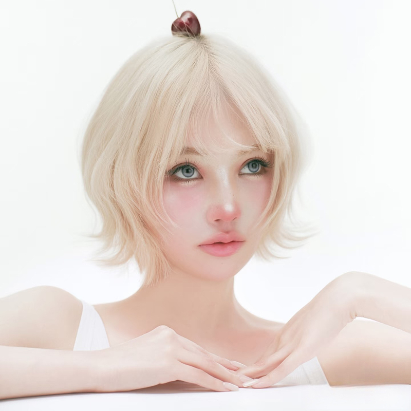 Wig for Women, Korean Style, High Ponytail, Platinum Blonde, Age-Reducing Short Hair, Everyday Face-Framing Bob, Breathable Full Wig