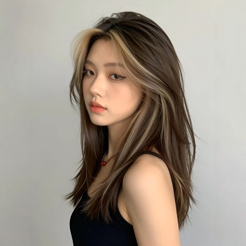 Asian Style American High-End Abc New Product Middle Part Brown and Gray Highlights Long Straight Hair Full Wig