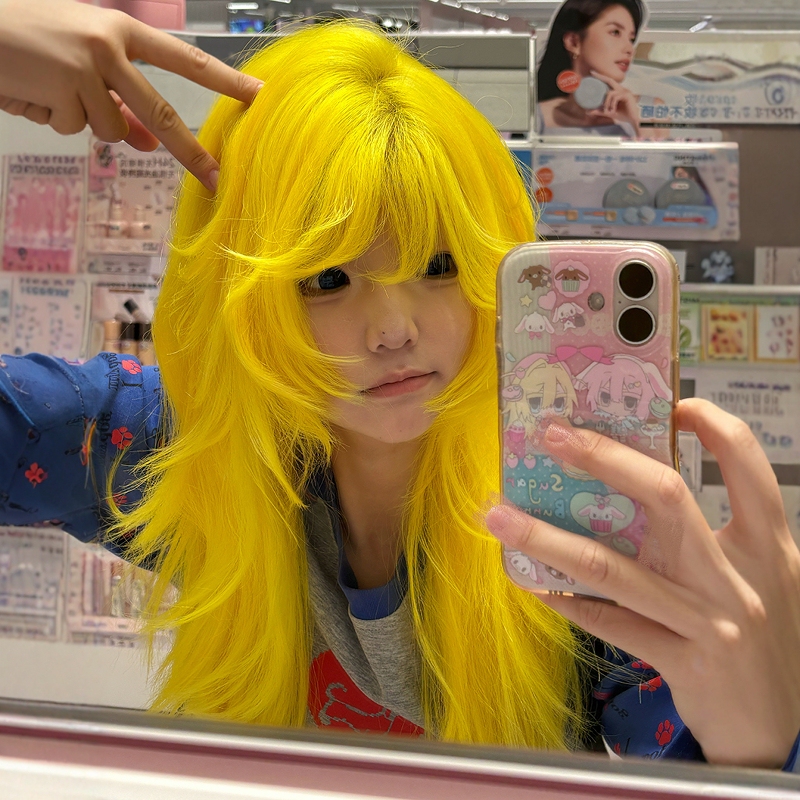 Halloween Japanese Subculture Wig for Women, Long Curly Hair, Internet Celebrity Lemon Yellow, Spicy Girl Jk Asian Style, Full Head Wig