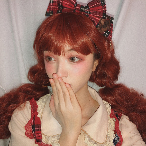 Wig woman long hair long curly hair wool roll mesh red foam face head corn hot and cute retro red full head cover