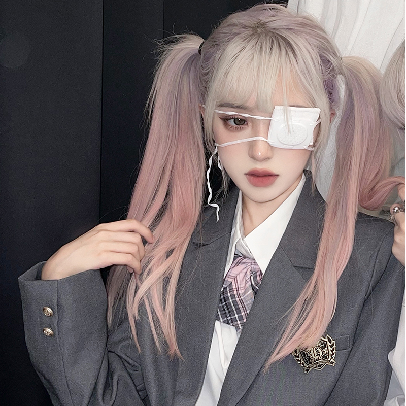 Small fish fry student net red wig female long straight hair lolita tide color gradient gray purple natural color jk full headgear