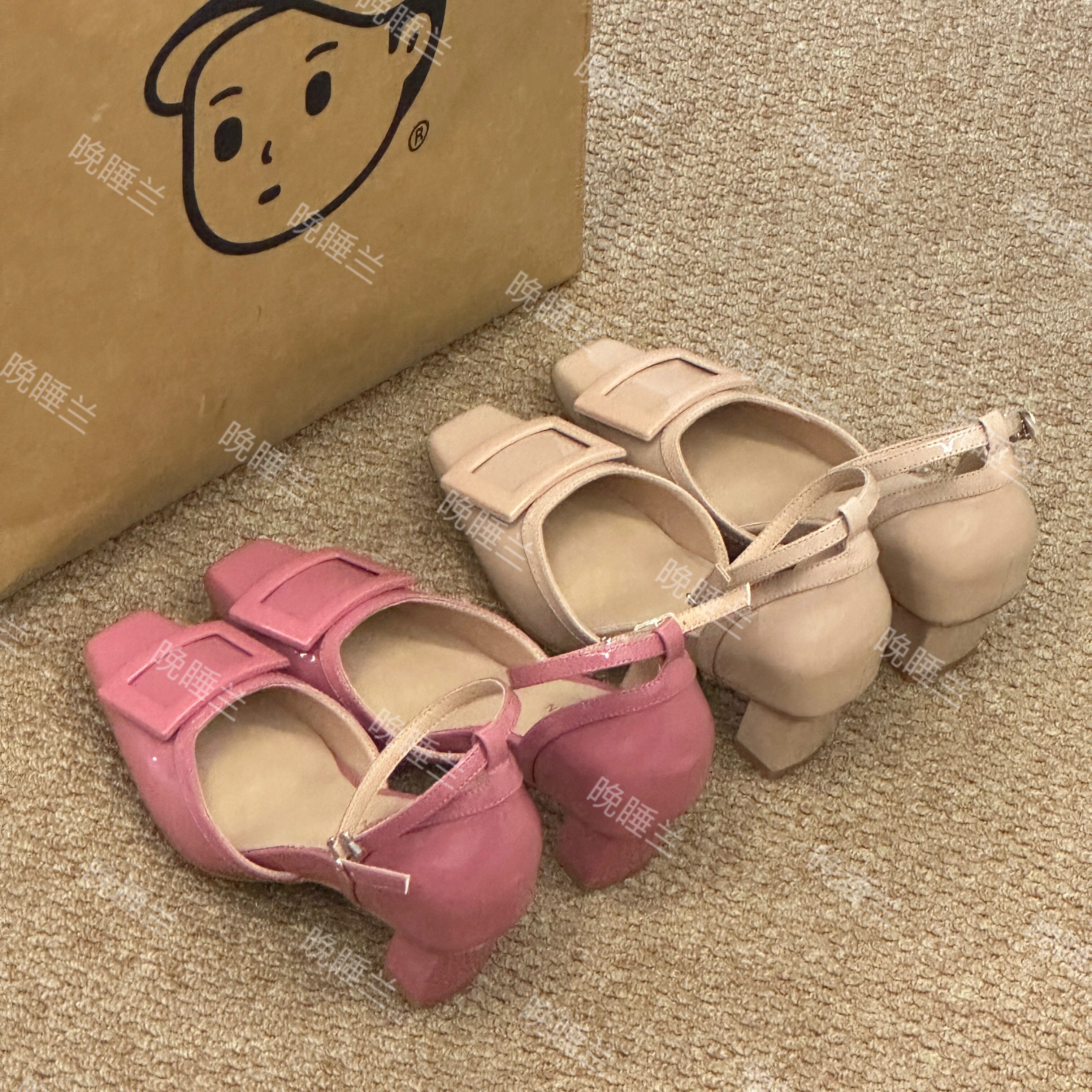 レイトスリープオーキッド • 8cmインナーヒールパレットスクエアバックル中空サンダル（女性用）、エレガントな新しいフェアリースタイルアンクルバックルチャンキーヒール