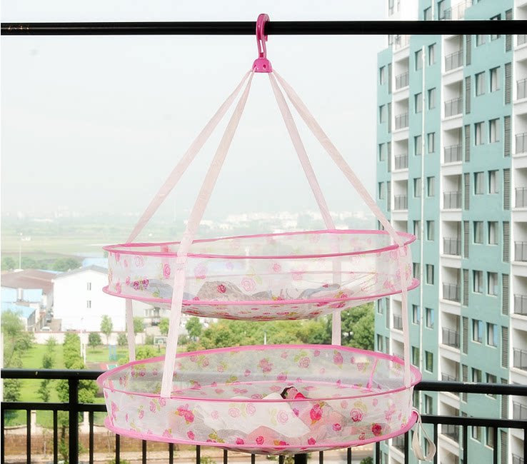 Double-layer pink printed clothes basket detachable clothes basket clothes basket drying clothes net clothes net bag