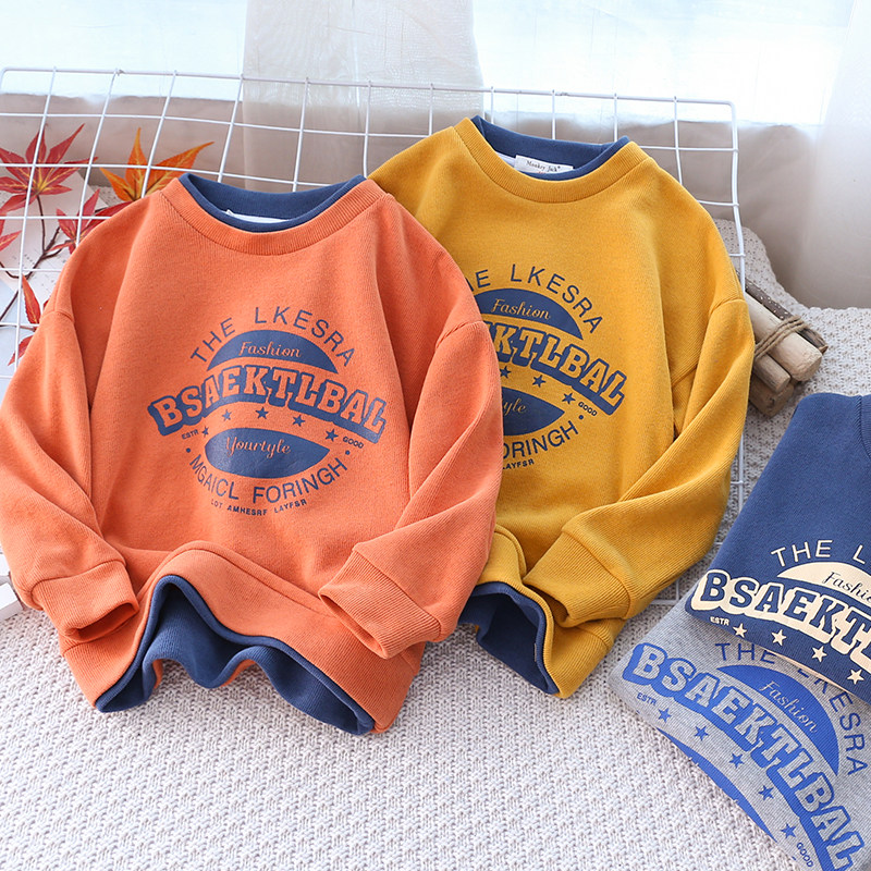 Children suit pure color soft cotton printed thick cotton T boy fake two casual hit bottom blouse spring and autumn round collar fried street tide