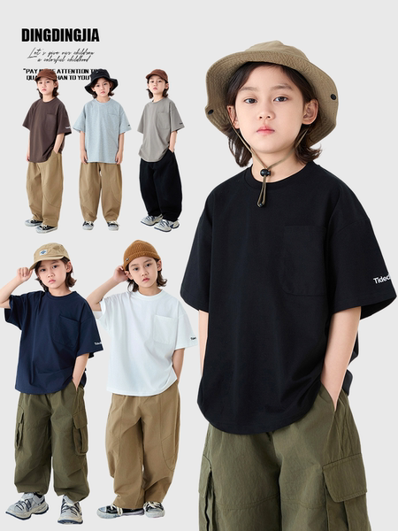 Dingdingjia Children's Clothing Boys' Short-Sleeved T-Shirt 2026 New Style Children's Casual Solid Color Loose Breathable Top for Boys Handsome 6
