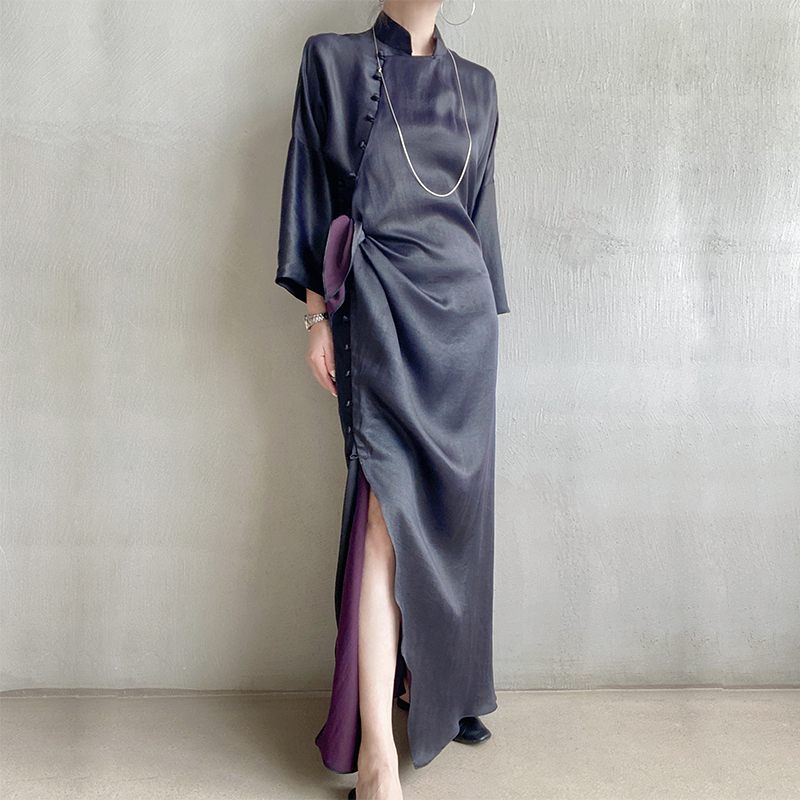 Exclusive and Unique Chinese-Style Black and Purple Silk Cloud Yarn Nine-Quarter Sleeve Cheongsam Dress, Gown, and Morning Robe