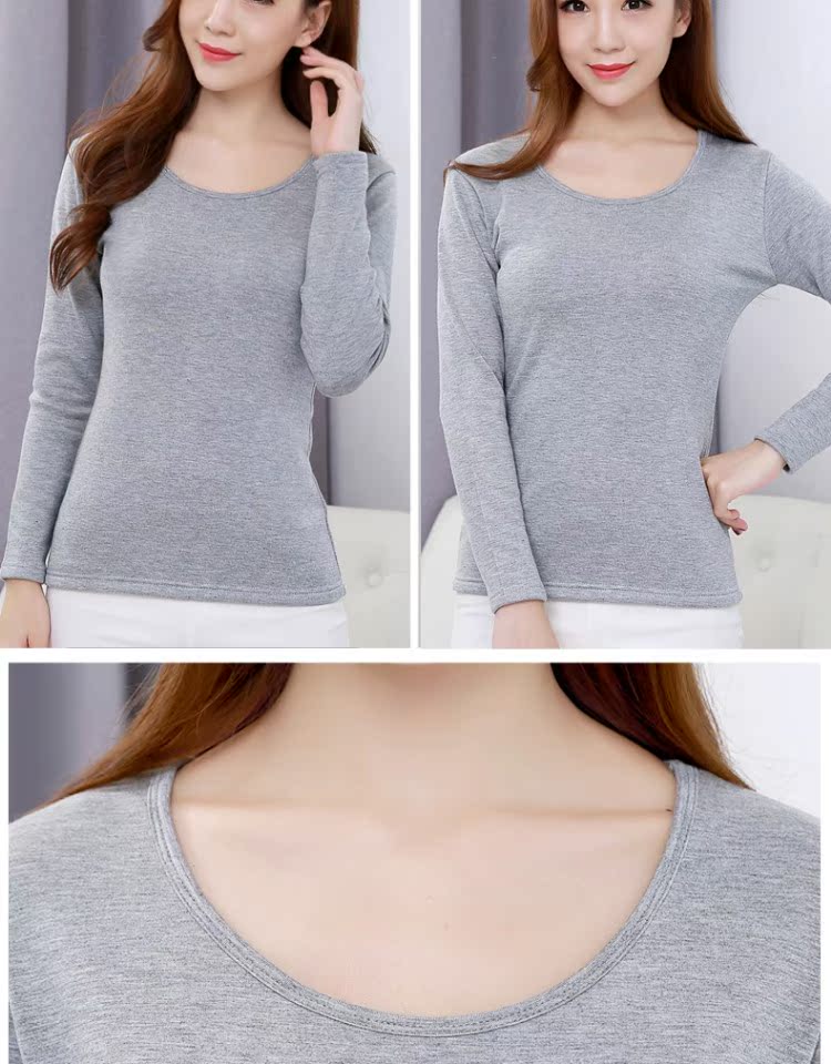 Kích thước lớn của phụ nữ cộng với áo thun nhung dày Đồ lót nhiệt dài tay Slim cổ tròn chạm đáy áo sơ mi cotton đơn ao giu nhiet lot nhung