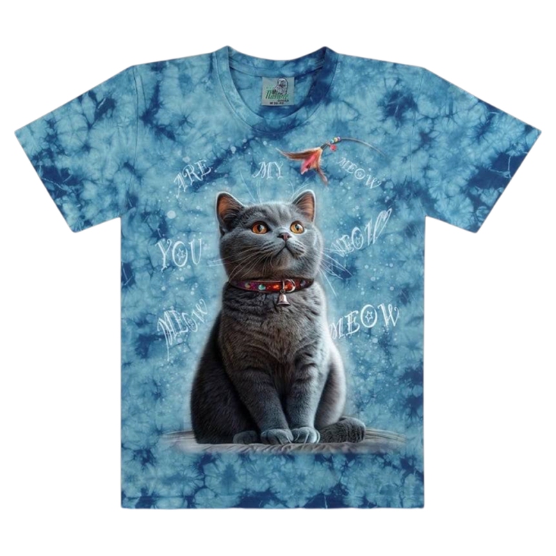 Thailand Imported Rockeagle Blue British Shorthair Cat Blue Tie-Dye Cat Pattern Short-Sleeved Large Size T-Shirt