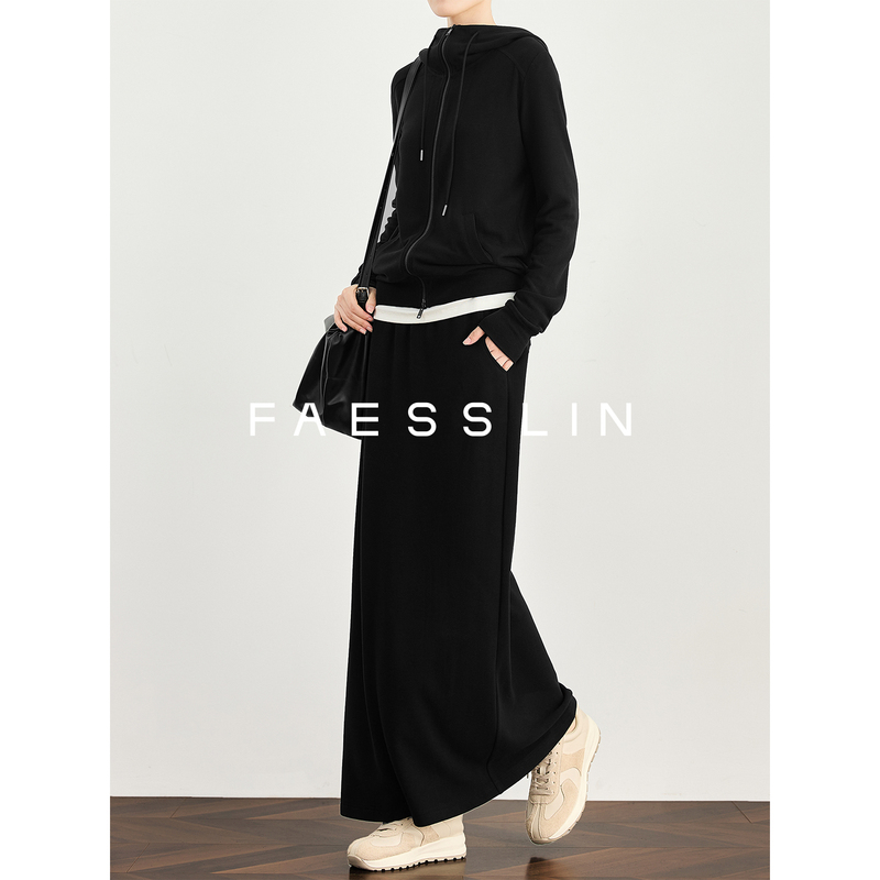 Faesslin Tall [Casual Luxury] Exclusive Extra-Long Black Straight-Leg Casual Pants with Drape Effect Long Skirt for Winter