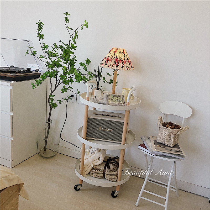 * beautiful little aunt * ins wind minimalist white round containing layer rack multifunction bed head cabinet snacks trolley