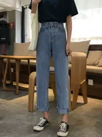 Mùa xuân 2019 phiên bản Hàn Quốc mới của quần denim ống suông viền chín quần rộng cạp cao quần rộng cạp cao đã mỏng - Quần jean quần bò đen nữ