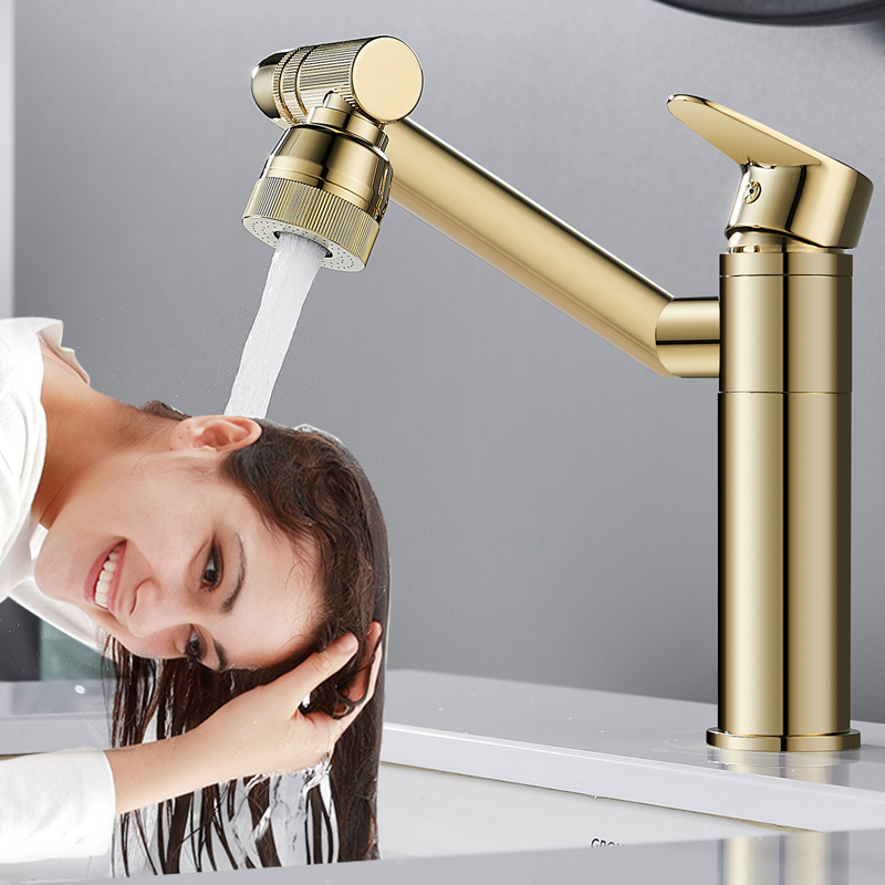 Gold Washbasin Faucet, Hot and Cold, All-Copper, Household Swivel Bathroom Sink Faucet