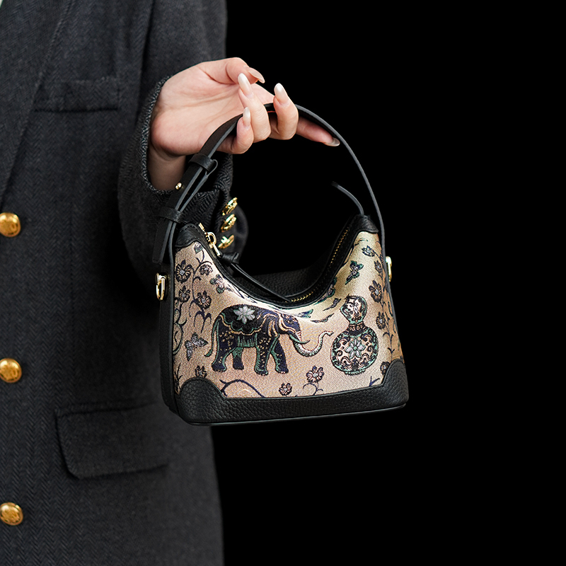 Intangible Cultural Heritage Song Brocade Handbag, New Chinese Style, Niche, Light Luxury, Genuine Leather Handbag, Single Shoulder Crossbody Small Square Bag for Women