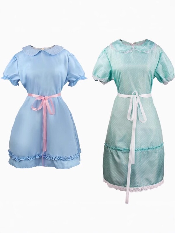 The Shining Cosplay Costume for Twin Girls, Green Dress, Blue Gown, Role-Playing Outfit