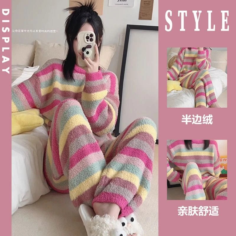 High Quality! Rainbow Striped Sweet Pajamas Women's High-Looking Thick Velvet Coral Velvet Pajamas Set Autumn and Winter Warmth