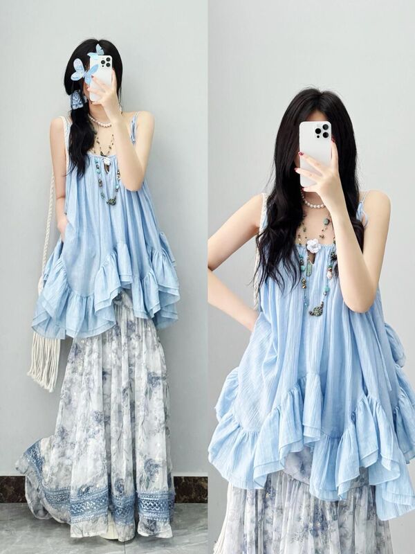 Vacation Style Suit for Women, New Summer Design, Lace Suspender Skirt, Layered Tie-Dye Skirt, Two-Piece Set, High-End Feel