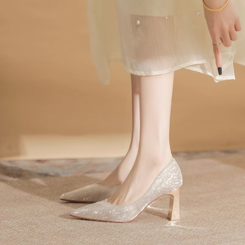 Comfortable Thick-Heeled High Heels, Wedding Shoes, Women's Xiuhe (Traditional Chinese Wedding Dress) Shoes, French-Style Fine Sparkling Crystal Bride and Bridesmaid Shoes, Two-Way Wear