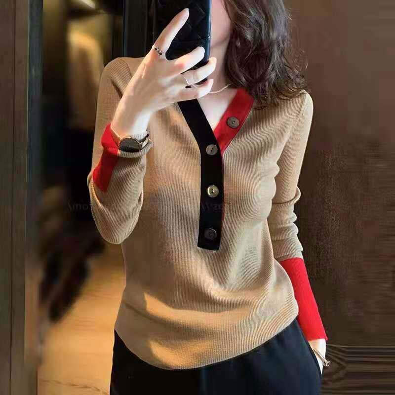 Brother's new 2022 spring knitted bottoming sweater female V-neck pullover slim fit color-blocking sweater