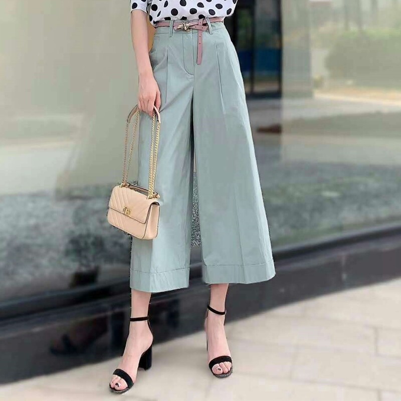 Pingbrother New 2023 summer with a thin and simple official website high waist nine - deck trousers cotton loose broad leg pants