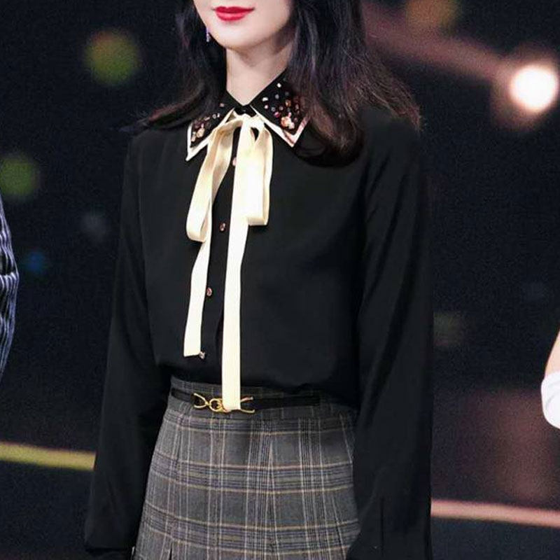 Brother new shirt 2022 spring and autumn dress star with bow lace-up diamond chiffon long sleeve shirt