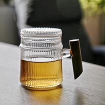 Fashion day-style striped transparent and transparent with lid glass-cup handmade round wood handle tea heat-resistant water glass