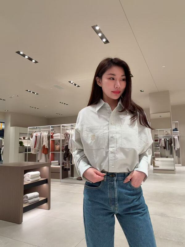 Bc Cotton Collared Shirt with Embroidered Logo on the Chest, Light Purple/Mint Green, Oversized Bust, Short Style
