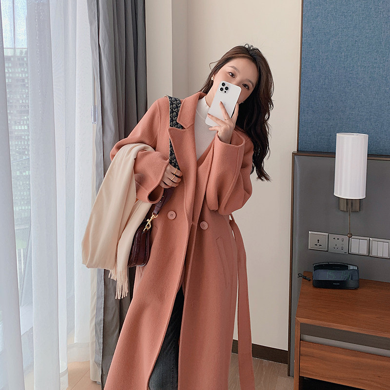 Double-sided cashmere coat 2022 new woolen coat women's medium and long version wool high-end woolen double-sided woolen pink