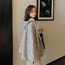 Autumn and winter loose plaid wool cloak jacket womens short woolen little man Japanese wool double-sided cashmere coat