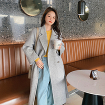 2021 new autumn and winter double-sided cashmere coat womens long wool high-end gray woolen tweed coat