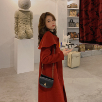 Autumn and winter red double-sided cashmere coat womens gentle woolen tweed coat medium and long high-end wool cloak