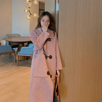 Autumn and winter horn buckle double-sided cashmere coat women 2021 New wool long woolen tweed coat