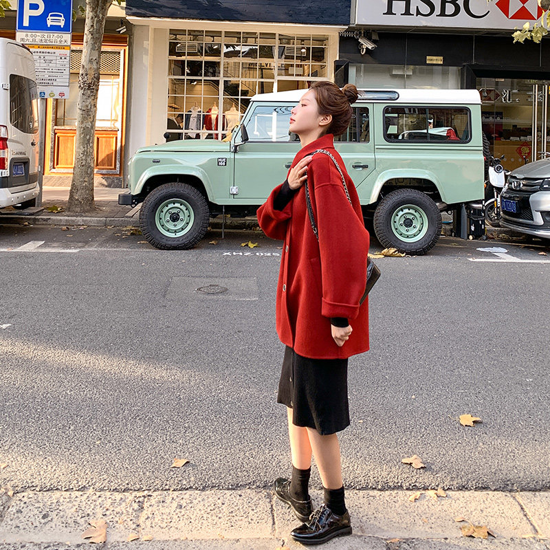 Car li red coat woman in winter long double-sided cashmere double-sided little man retro-old hair coat