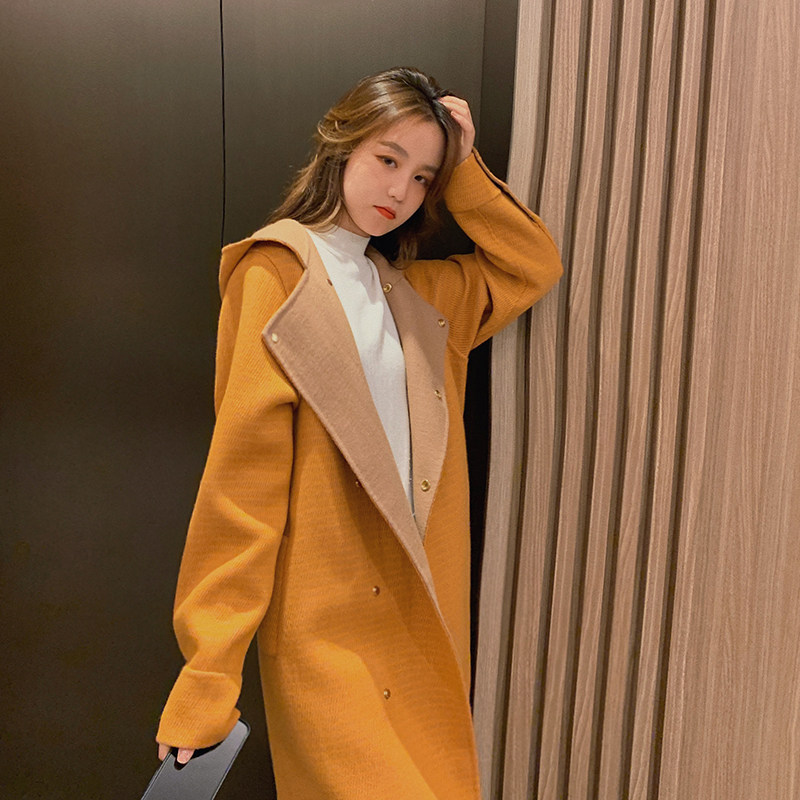 Autumn new orange woolen wool coat women's long wool hooded slim double-sided cashmere coat