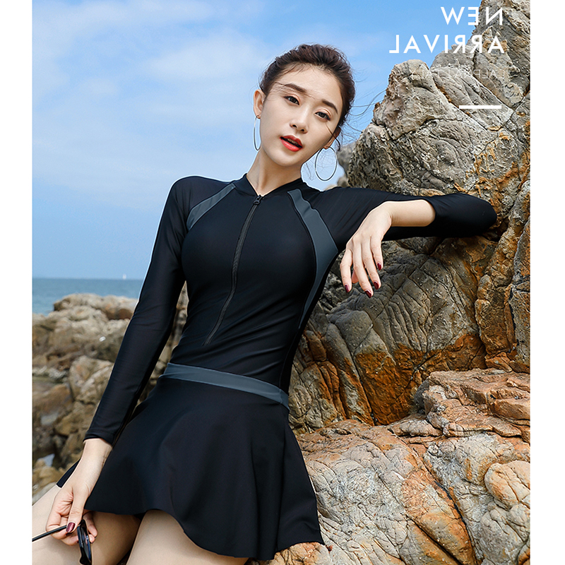 Professional Sports Money Large Size Swimsuit Woman Fat Mm Veil Slim Black Long Sleeve Sunscreen Flat Angle Skirt Fit Swimsuit