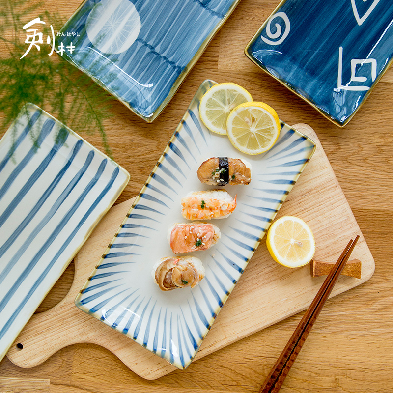 Jian Lin creative Japanese barbecue retro hand - made sushi plate flat rectangular ceramic plate bluegrass