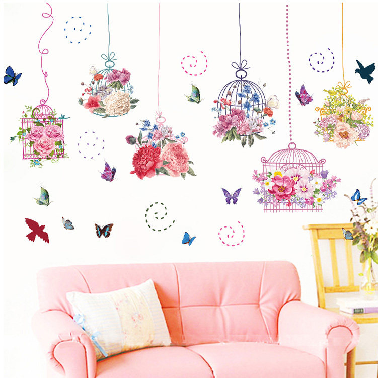 Wall stickers self-adhesive bedroom living room wall decoration warm small fresh creative potted bird cage flower wall stickers