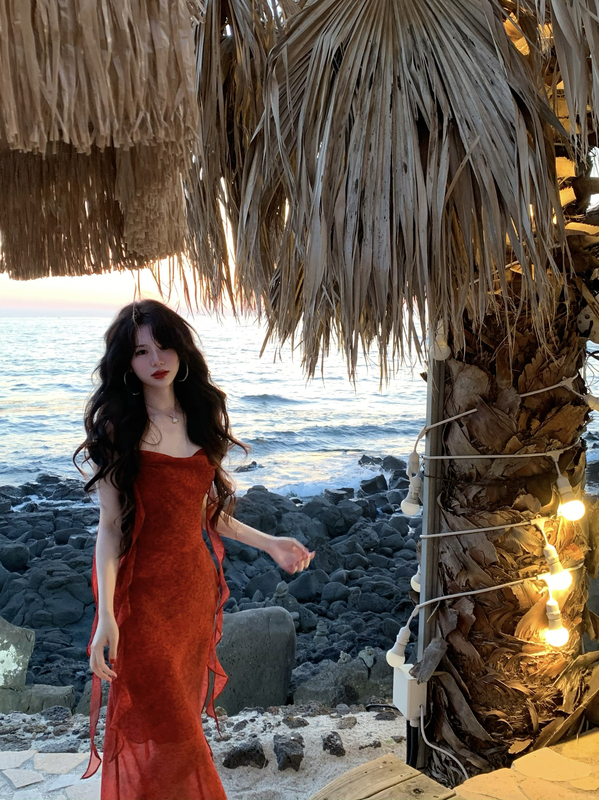 Flower Yuan Hong Kong Style Red Smudged Backless Ruffled Dress Holiday Ribbon Dress