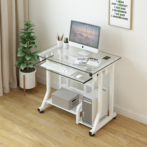 Tempered Glass Computer Desktop Table for Home Use, Small Laptop Simple Desk, Movable Bedroom Work Desk