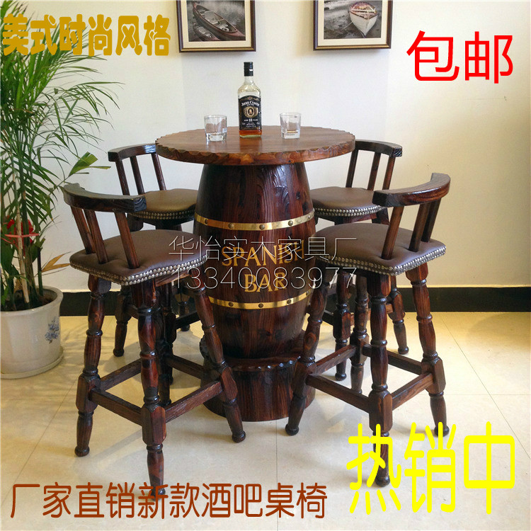 Bar Bench Solid Wood Bar Table Chairs Combined High Foot Chair Nordic Iron Art Bar Bench Wine Barrel Table High Footstool 