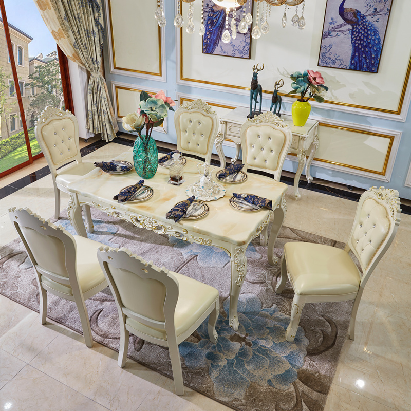 European dining table and chair Household dining table and chair combination dining table Marble solid wood small apartment square table Dining table 6 people