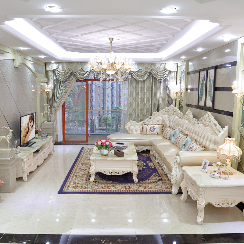 European-style sofa leather corner sofa living room combination sofa French solid wood carved sofa living room retro