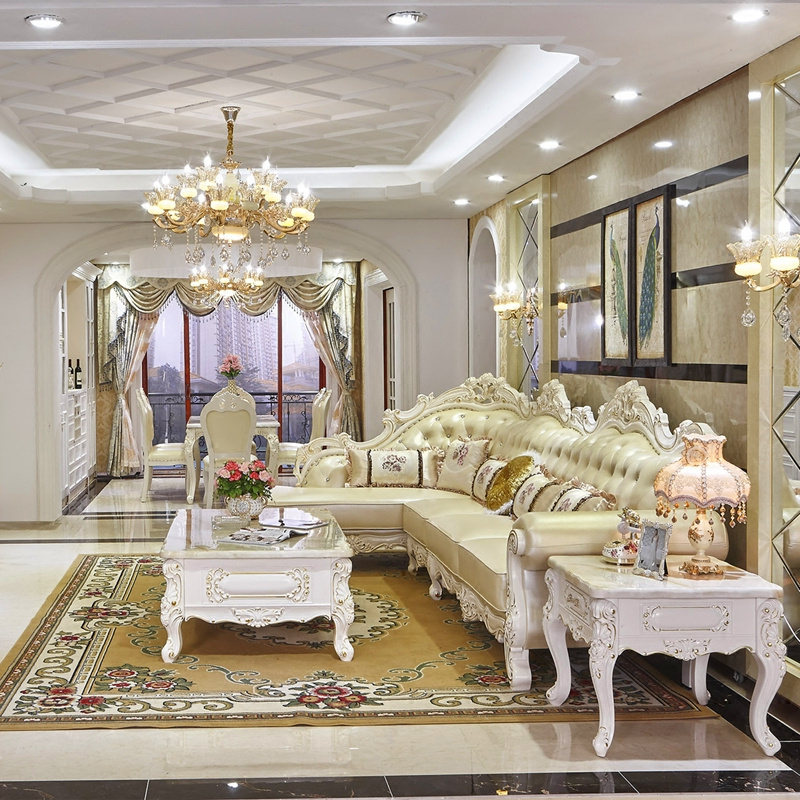 European-style leather corner sofa Leather art sofa French sofa Solid wood carved sofa First layer leather sofa