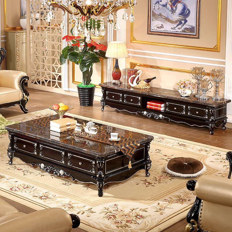 European marble coffee table TV cabinet combination luxury living room carved furniture French solid wood tea table floor cabinet