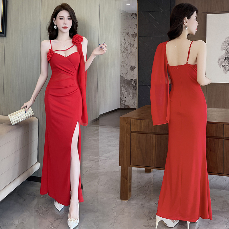 2026 Nightclub Women's Sexy Low-Cut Slit Evening Dress Ktv Foot Bath Sauna Technician Uniform Soft-Style Work Uniform Dress