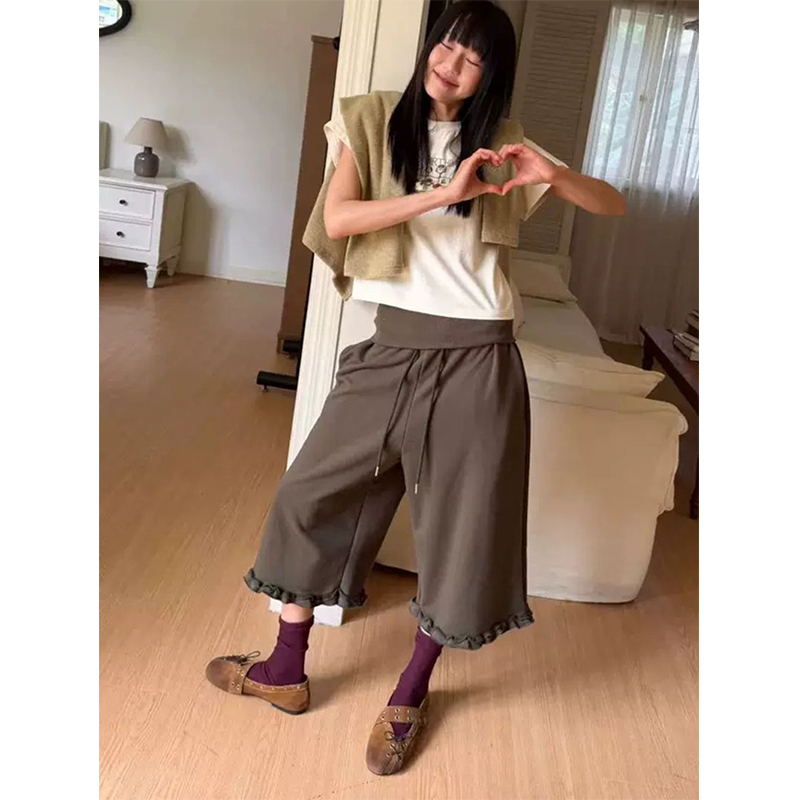 Korean Dongdaemun 2026 Autumn Solid Color Drawstring Lace Cuff Elastic Waist Casual Pants Wide-Leg Pants Sweatpants Cropped Pants