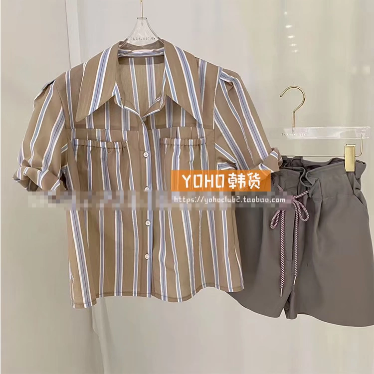 Dongdaemun, Hàn Quốc mùa hè 2020 phụ nữ mới sọc đơn giản thiết kế áo sơ mi ngắn tay - Áo sơ mi