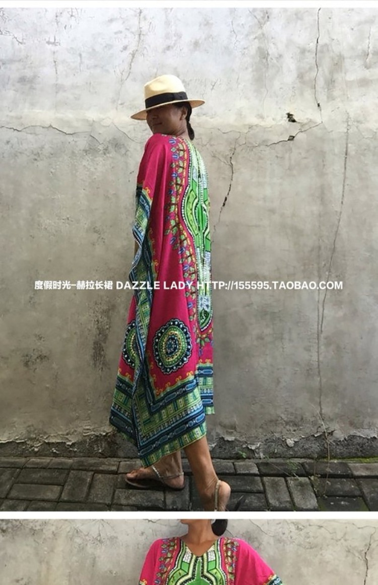 Phong cách dân tộc mới in váy mùa hè boho đầm rộng kích thước lỏng lẻo bên bờ biển kỳ nghỉ bãi biển váy đầm dài đi biển